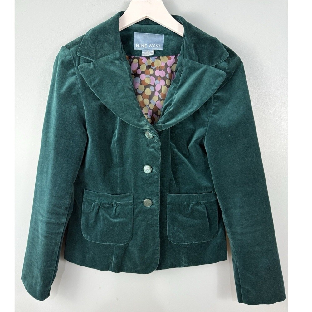 Nine West Blazer Women M Green Velvet Peplum Jacket Whimsigoth Y2K Holiday Jewel